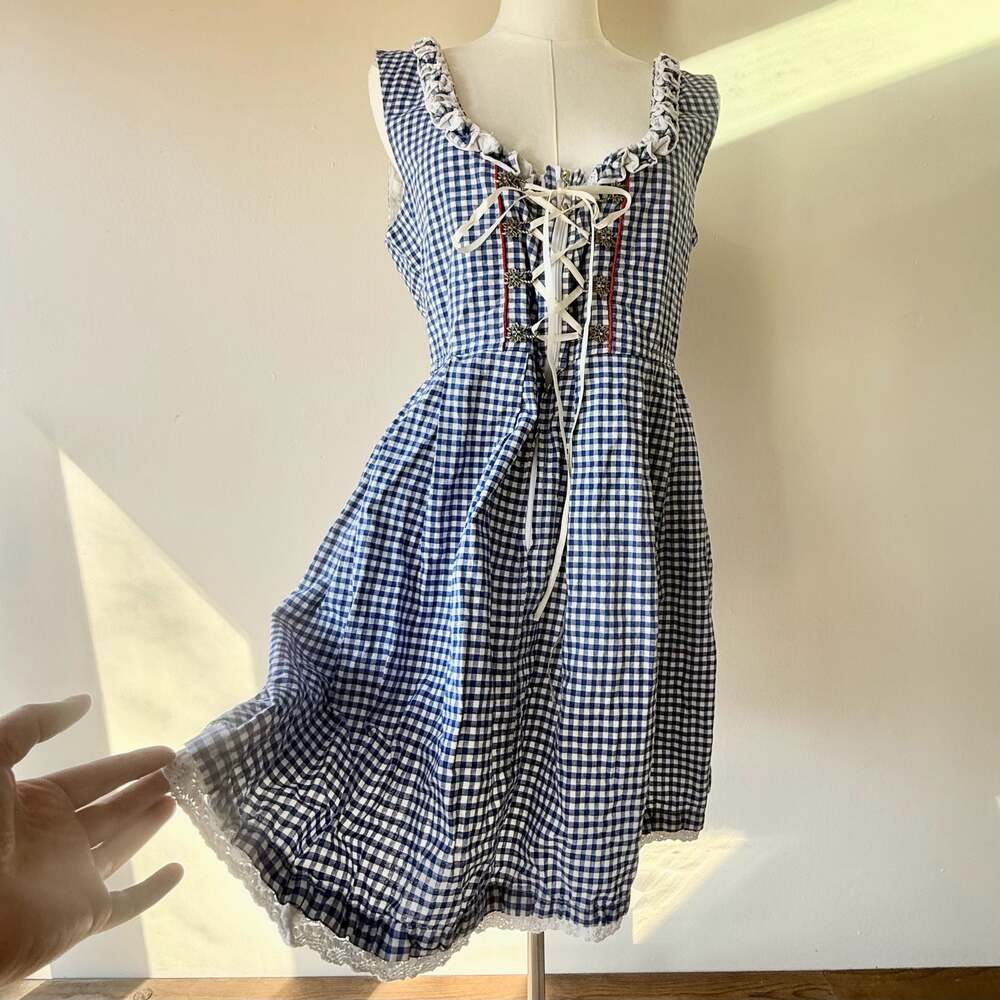 Vitnage Euro Blue Gingham Traditional Cotton Tie Up Dirndl Dress Oktoberfest